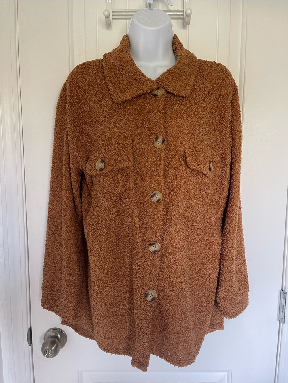 Women's Plush Teddy Button Front Jacket - Brown